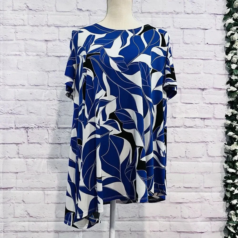 Chico's Casual Top Size 2 Blue White Slinky Boho Round Neck Cold Shoulder Blouse